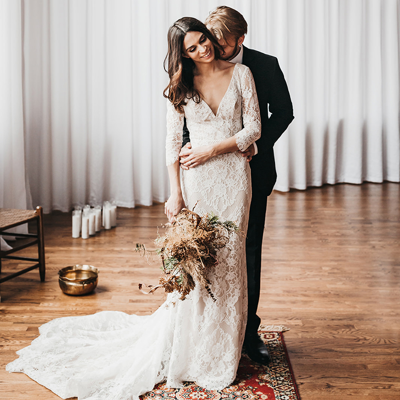 Half Sleeve Bohemian Wedding Dresses 2022 Full Lace Backless V-neck Beach Boho Bridal Gowns vestidos noiva praia Cheap pastrol