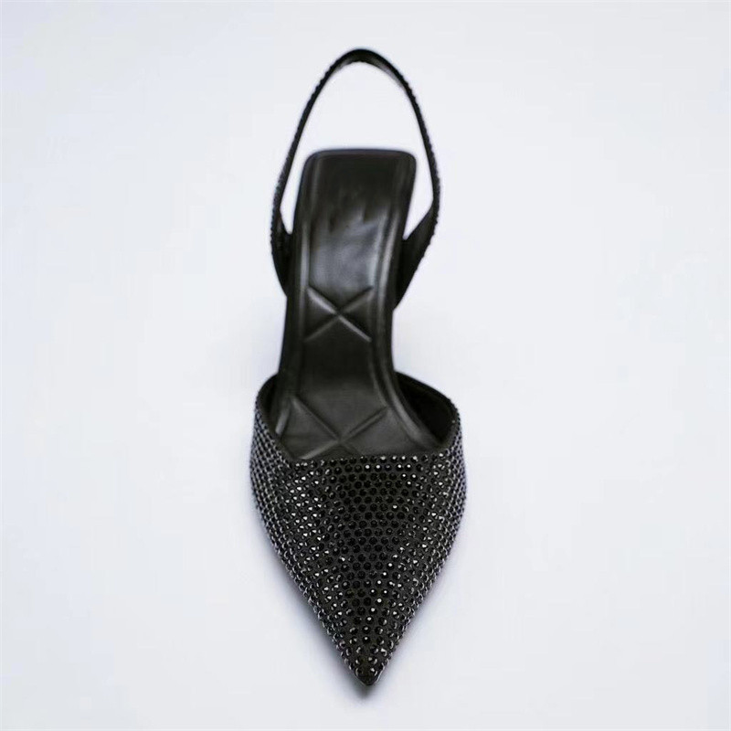 WSL TRAF ZA Spring Woman's Shoes Set Diamond Pointed Toe Slingback with Heels Black Women's Mules Sandals 220328