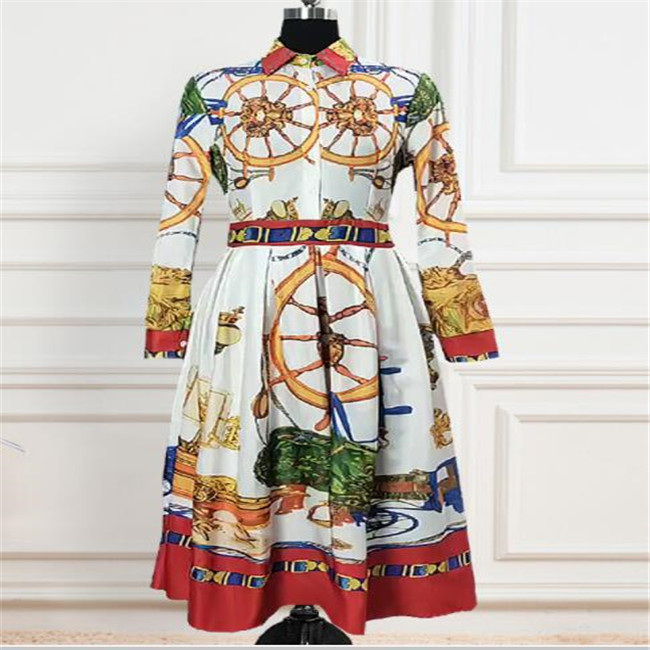 2022 Casual Dresses Spring Autumn Lapel Mid-Calf High Waist Dress Big Plus Size Geometric Printed Elegant Office Ladies Tunic Pleated Midi