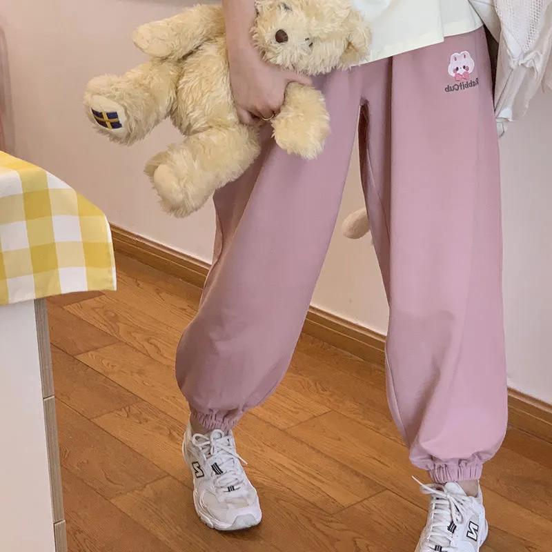 HOUZHOU Kawaii Harajuku Joggers Pant Soft Girl Loose Beige Baggy Korean Fahion Pink Gray Trousers Bear Embroidery 220325