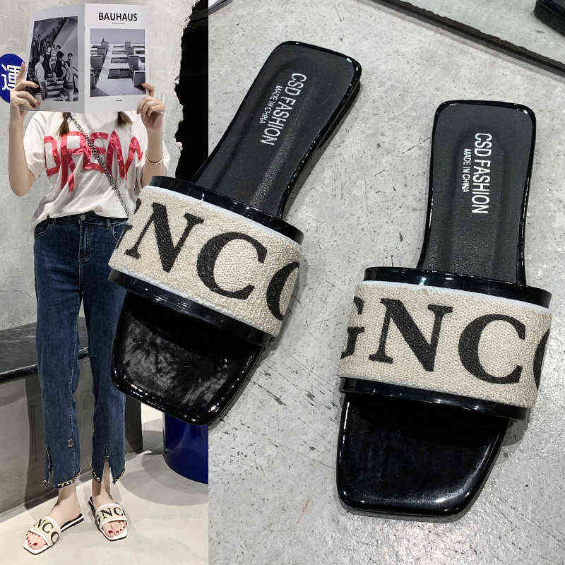 2022 New Open Toe Ladies Slippers Casual Fashion Letters Flat Heel Women's Home Casual Slippers Fashion Plus Size 35-42 Y220412