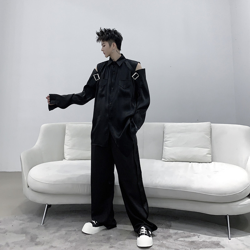 IEFB /men's wear Niche hollow strapless polarized shirt mercerized glitter loose high street Autumn tops 9Y1470 220322