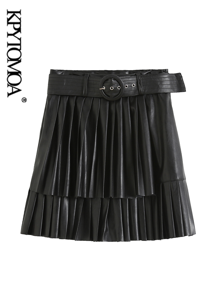 KPYTOMOA Women Fashion With Belt Faux Leather Pleated Mini Skirt VIntage High Waist Side Zipper Female Skirts Mujer 220322