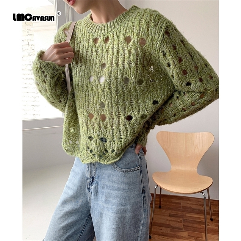 LMCAVASUN New autumn Simple pullover Round neck Loose Long sleeve Women's ripped sweater Gray green black M370