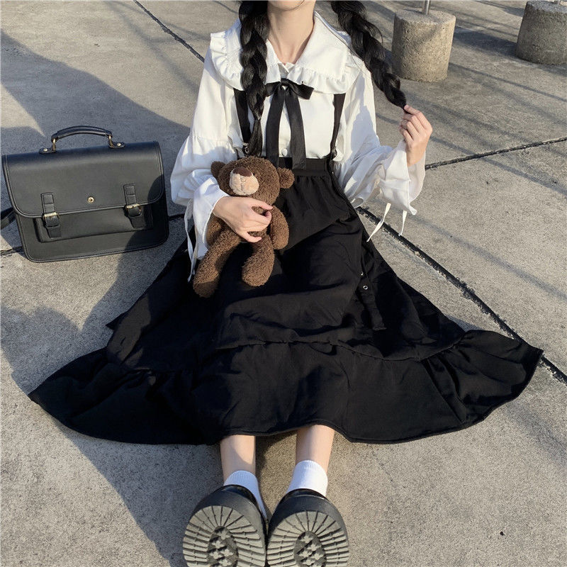 HOUZHOU Gothic Lolita Long Skirt Women Harajuku Ruffle Strap Black High Waist Soft Girl Japanese Kawaii Streetwear Summer 220317