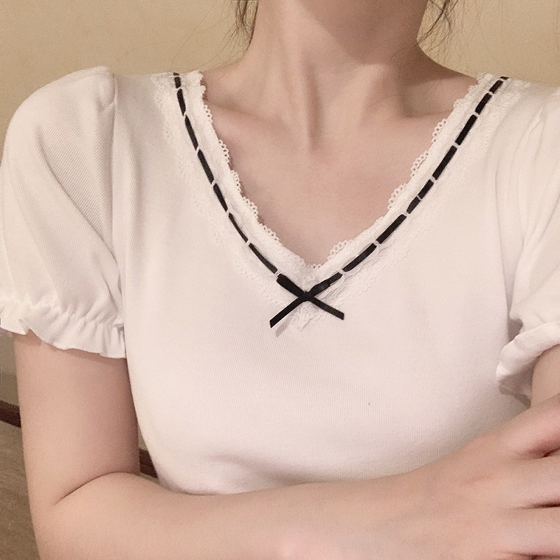 White T-Shirt for Sweet Girl Ribbon Lace Trim V-Neck Bowknot Puff Sleeve Slim Cotton TShirt Kawaii Clothes Summer Tops 220328