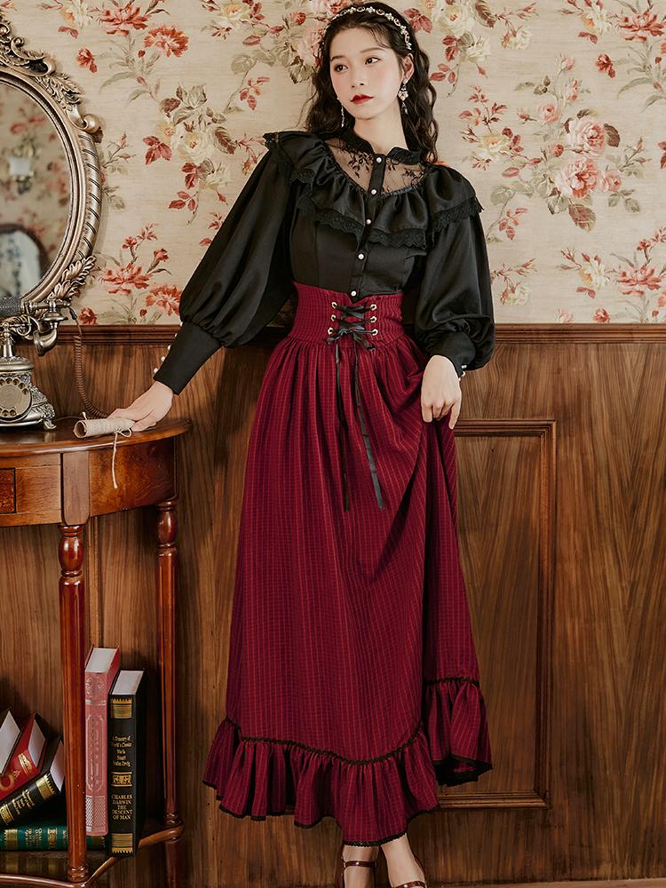 Work Dresses Korean Style Elegant Women Suits Vintage Lantern Sleeve Casual Black Shirt & Burgundy Stripe Long Maxi Skirt For Slim Lady, Shirt and skirt
Work Dresses Korean Style Elegant Women Suits Vintage Lantern Sleeve Casual Black Shirt & Burgundy Stripe Long Maxi Skirt For Slim Lady, Shirt and skirt