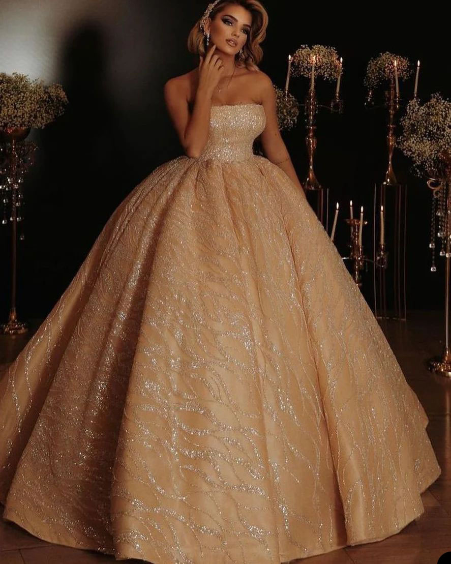 Strapless Champagne Prom Evening Dress Sequins Beads Appliques Sleeveless Bateau Neck Lace Ruffles Shiny Gown Custom Made Floor Length Bridesmaid Plus