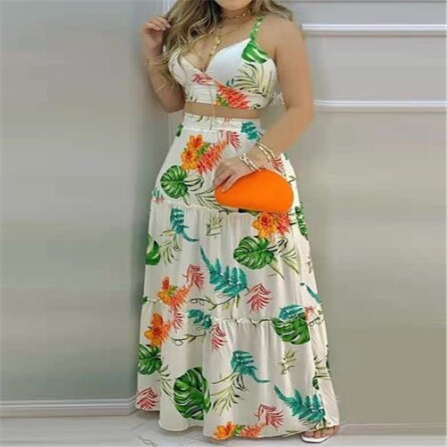 Summer Colorful Printed Two Piece Dress Suspender Top & Long Skirt Beach Holiday Style V-Neck Lace Up Women 2 Peice Sets