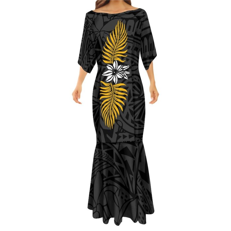Samoan Women's Long Mermaid Dress Couples Dress Polynesian Tribal Custom Half Sleeve Personality Women Long Fishtail Dress 220706