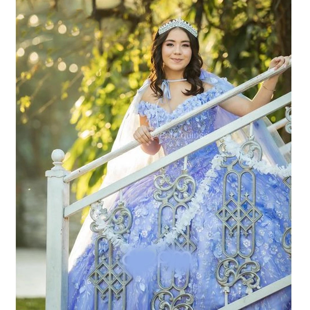 Lanvender Quinceanera Dresses with cape clock 3D floral Ruffles Sweetheart Lace-up Back Sweet 15 Princess Dress vestidos de quinceanera