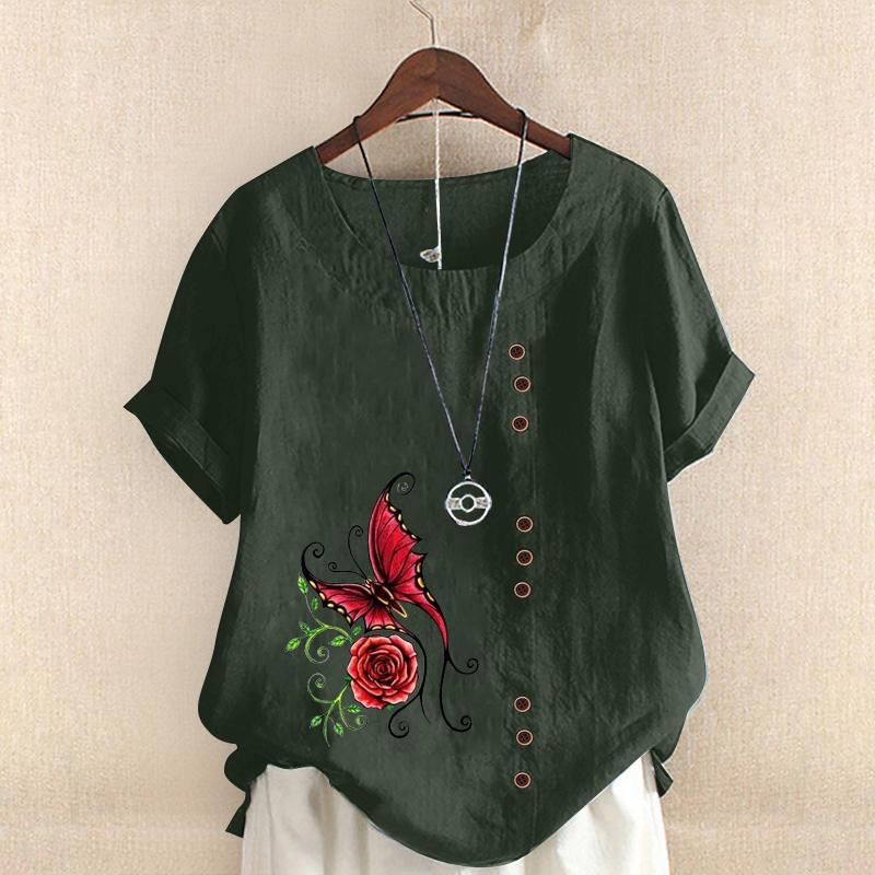 

Women's Tanks & Camis Long Tops 2x Women's Printed Round Neck Raglan Sleeve Hem Slit Loose Short Button Decoration Cotton Top WomenWomen, Army green