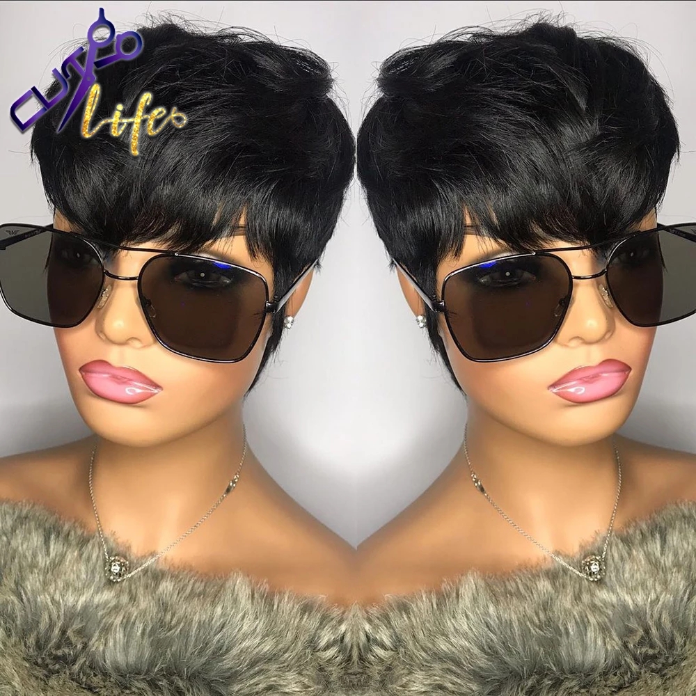 Short Pixie Cut Straight Bob Human Hair Wavy No Lace Brazilian Wigs With Bangs For Black Women