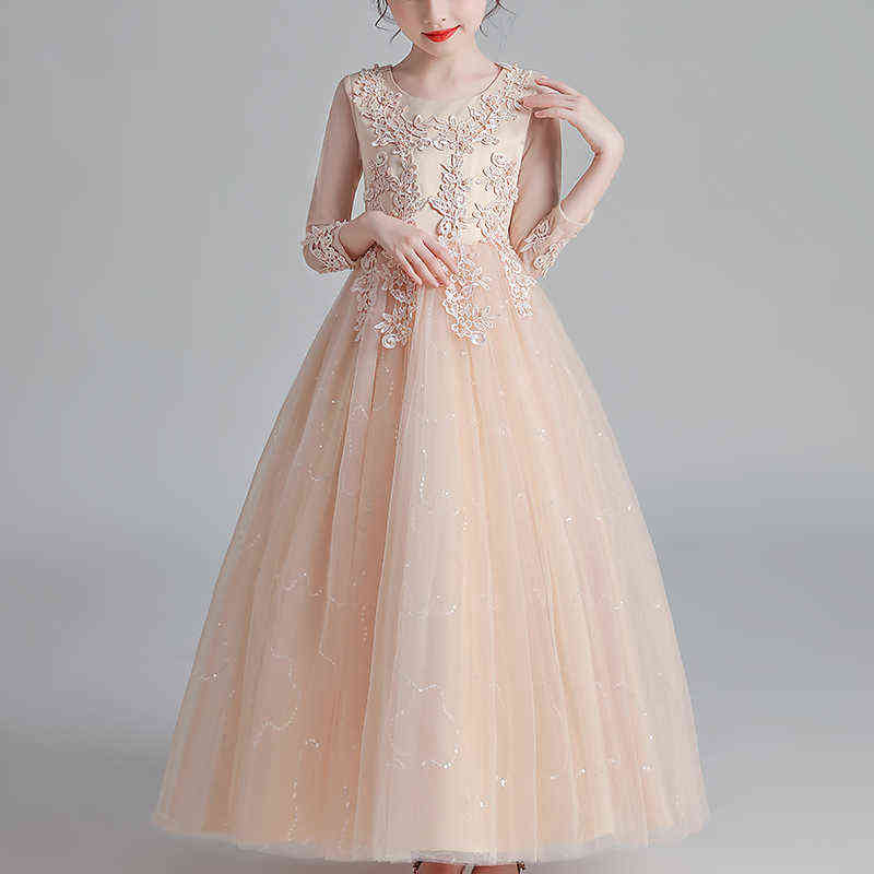 Girls Party Dress Wedding Frock Flower Gown Princess Evening Summer Kids Mesh Sleeve Dress Y220510