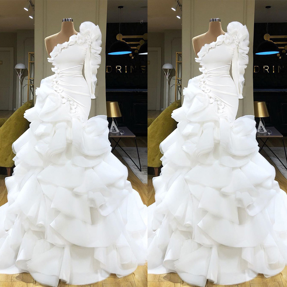 Elegant Mermaid Wedding Dress Shoulder One Long Sleeve Lace Ruffles Appliques 3D wer Illusion Custom Made Bridal Dresses Gowns or Length Robe