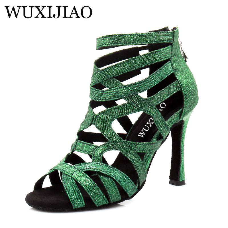 WUXIJIAO Latin Dance Shoes Green Pink Gold Glitter Fabric Salsa Women Ballroom Boots Cuba 220509