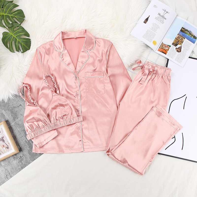 HECHAN Sexy Pajamas Female Satin Robe With Bra 3 Piece Set Home Suit For Women Sleepwear Long Sleeve Casual Spring Summer 220329