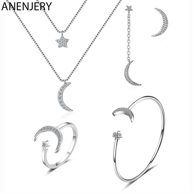 ANENJERY S925 Stamp Silver Color Sets Zircon Moon Star NecklaceEarringsRingBracelet For Women Wedding Jewelry 201222
ANENJERY S925 Stamp Silver Color Sets Zircon Moon Star NecklaceEarringsRingBracelet For Women Wedding Jewelry 201222
