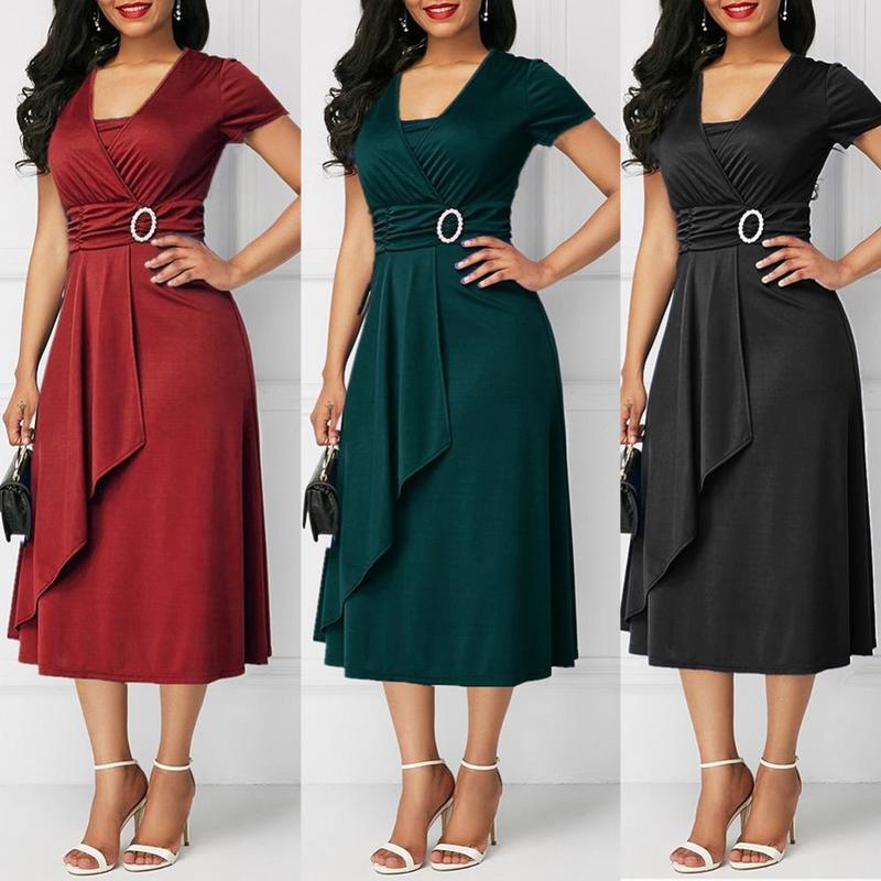Fashion Elegant Women Solid Color Short Sleeve V Neck Asymmetric Hem Waist Tight Midi Party Dress Ladies Evening Vestidos D220611