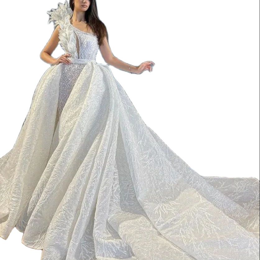3D Floral Appliques Mermaid Wedding Dress One Shoulder Pearls Beading Vestido Casamento Lace Flowers Bridal Gowns with Detachable Train