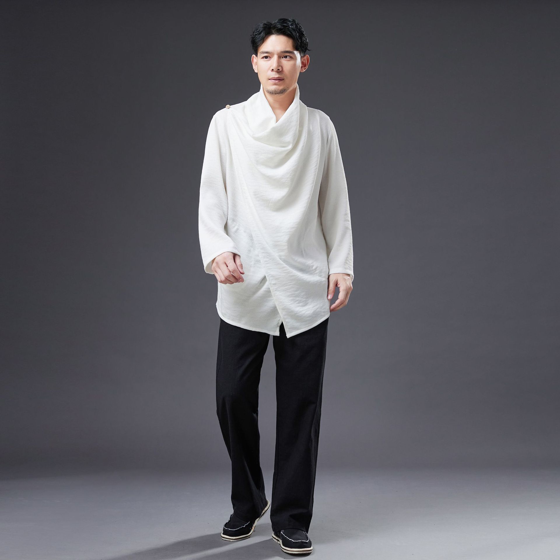 Summer Asian ethnic clothing Traditional Tang Suit Chinese Style Men Tops long sleeve oriental costume Black white causual loose outfit