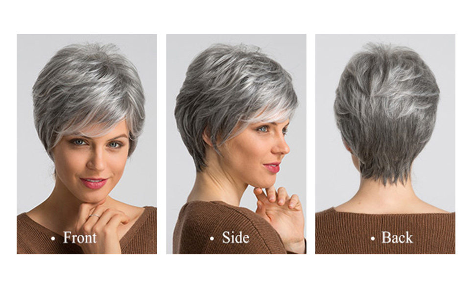 Short Grey Human Hair Wigs for Women 8inch Natural Pixie Cut Wig silver gray salt and pepper machine made non lace wig 150%density