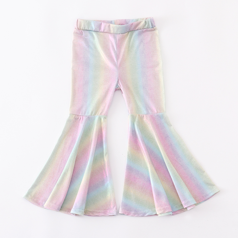 Girlymax Spring/Summer Baby Girls Kidswear Clothes Holographic Tight Flare Bell-bottoms Pants Elastic All-match 220512