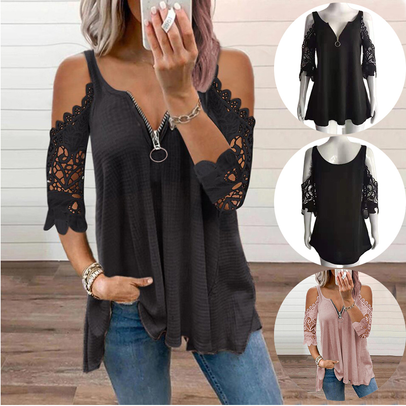 Aesthetic Summer Lace Petal Sleeve T-Shirt Off Shoulder Hollow Out Zipper Top V-Neck Loose Casual Solid Color Tee Tunic 220411