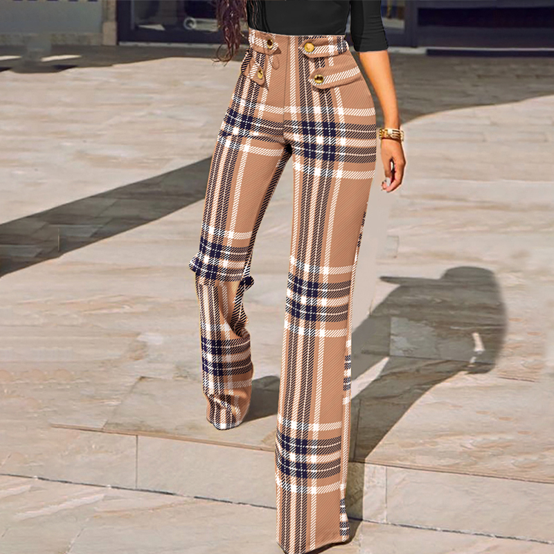 Autumn Casual Women Trousers Fashion Leggins Houndstooth Print Buttoned High Waist Wide Leg Tailored Pants 220325