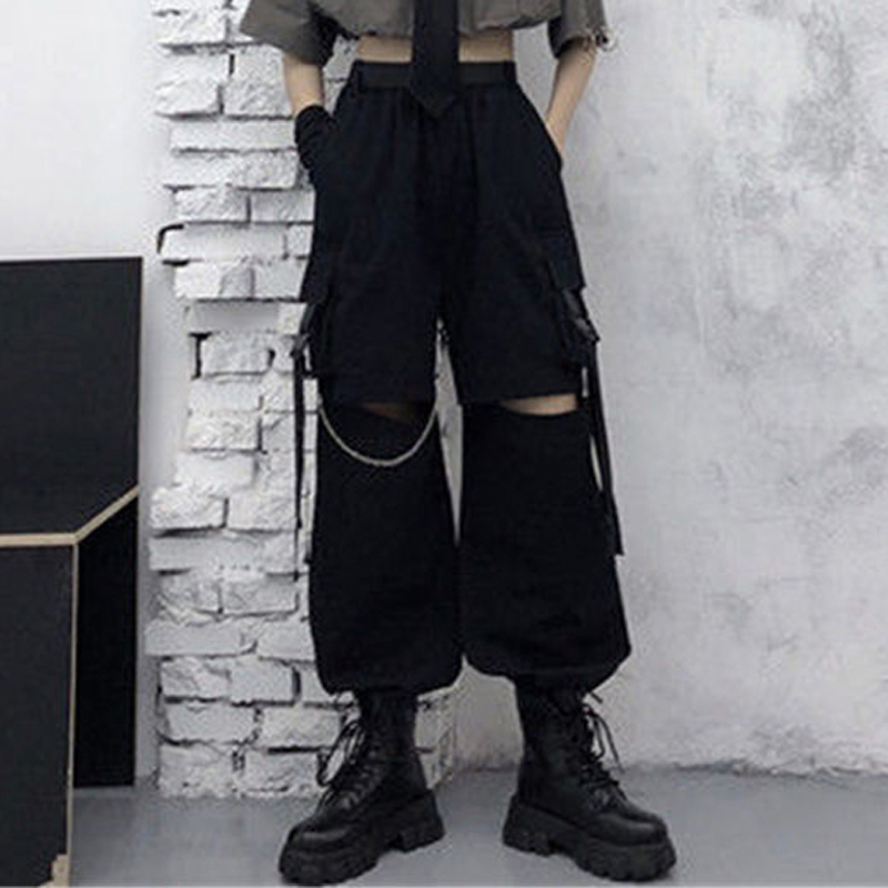 Autumn Fashion Cargo Pant Gothic Punk Black Wide Leg Lady Korean Street Wear Casual Trousers 220325