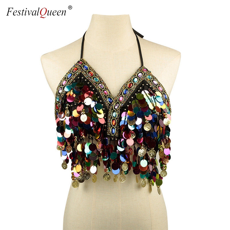 Sexy Sequin Tassel Mermaid Cami Crop Top Women Rainbow Coins Beading Backless Chiffon Party Dance Club Cropped 220316