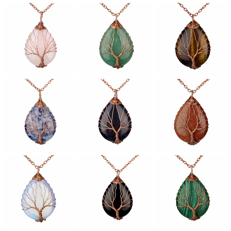 Antique Brass Wire Wrapped Tree of Life Natural Crystals Agate Pendant Necklace Healing Stone Necklaces