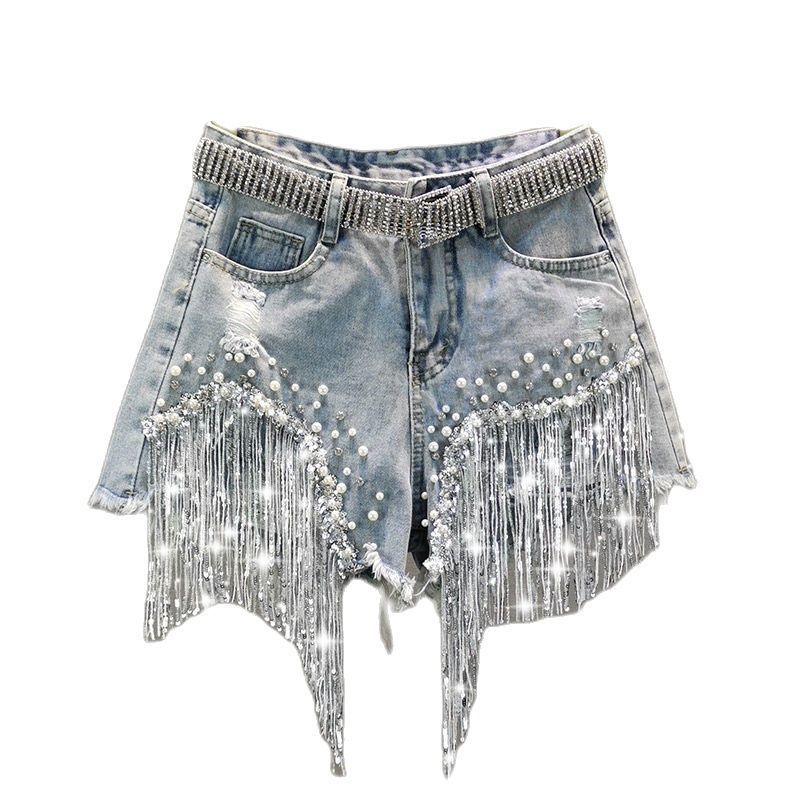 Women Spring Summer Elegant Shorts Lady Tassel Beading High Waist Wide Leg Denim Shorts Female Casual Solid Shorts 220711