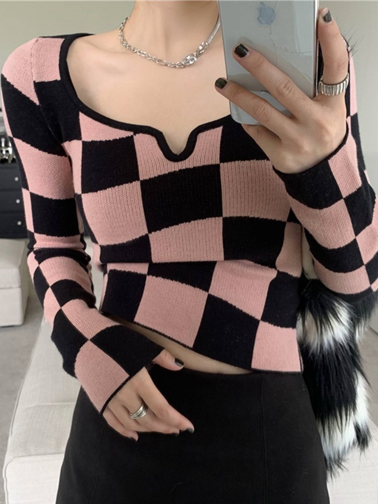 Tonngirls Knitted T Shirt Women Long Sleeve Checkerboard Plaid Square Collar Ladies Tops Korean Slim Skinny Cropped Tees 220328