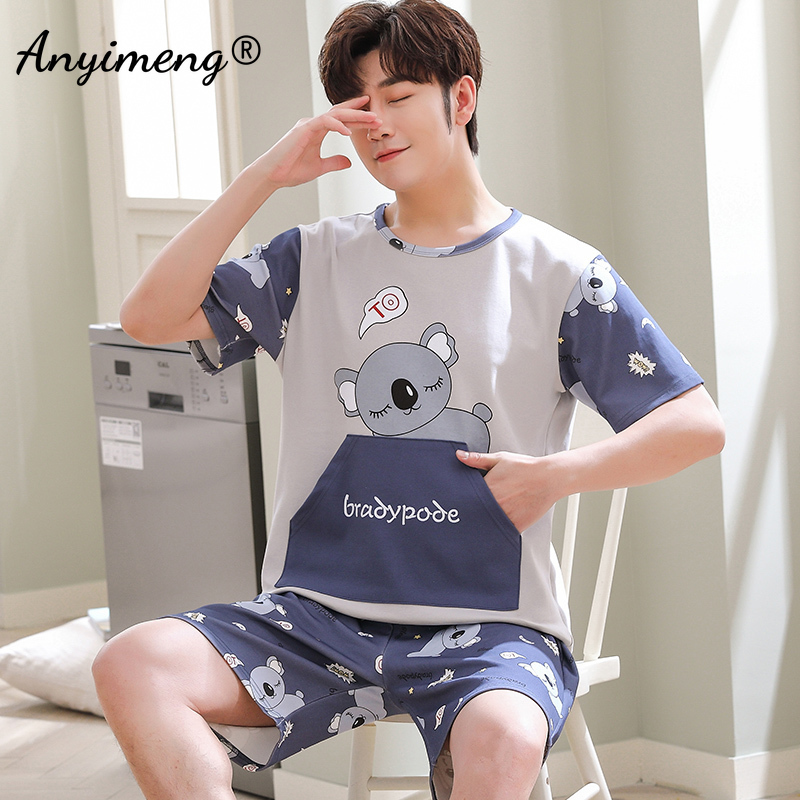 4XL Pajamas Set Cotton for Men Summer Shorts Home Suits Soft Casual Nightwear 3XL Pullover Cartoon Printing Fashion Pyjamas Man 220426