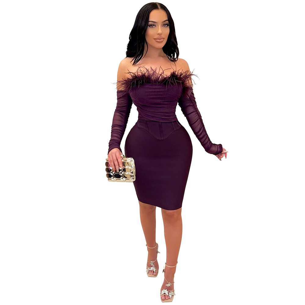 Ostrich Feather Purple Evening Dress 2022 Sexy Strapless Black Girls Prom Dresses With Sleeves Knee Length Sheath Cocktail Party African Women vestido