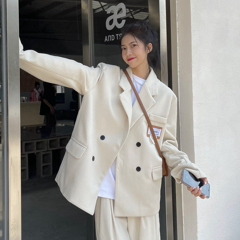 Nic Corduroy Oversized Blazer Jacket Women Loose Office Lady Suit Single Breasted Coat Korean Chic Solid Outwear 220402
