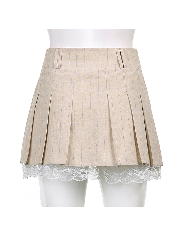 Sweetown Korean Fashion Khaki Short Skirt Lace Trim Cute Pleated Skirts Womens Preppy Style Button Up High Waist Summer Skirt 220701
