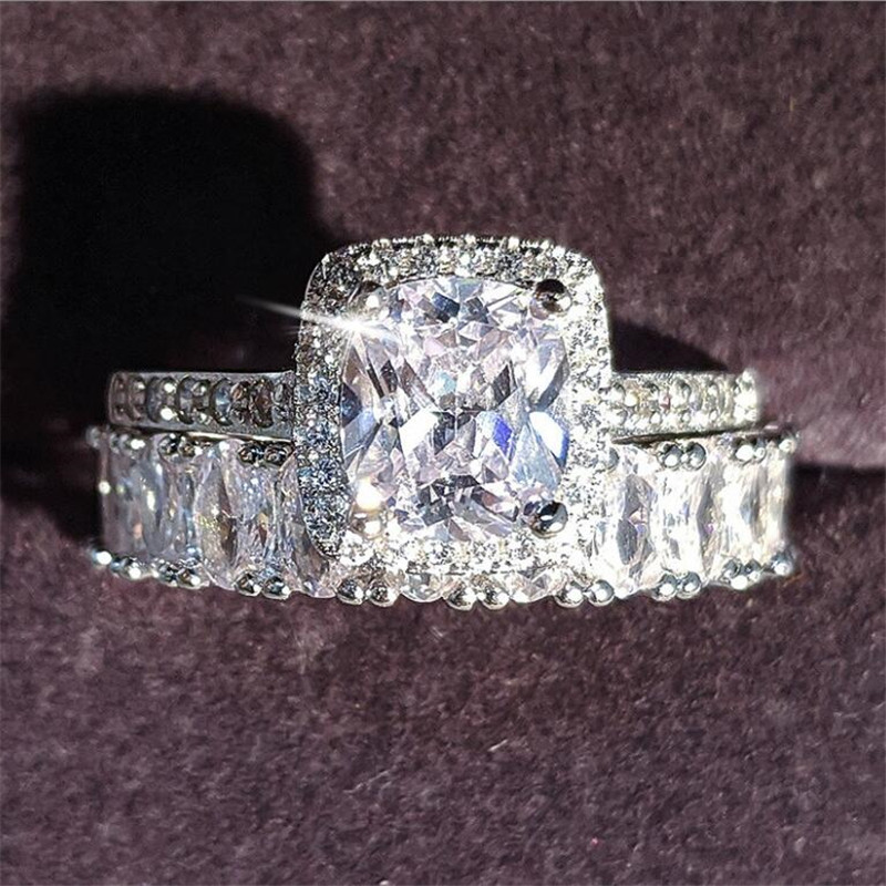 Sparkling Wedding Rings Luxury Jewelry 925 Sterling Silver Cushion Shape 5A Cubic Zircon CZ Diamond Gemstones Party Eternity Women Couple Ring Set Gif