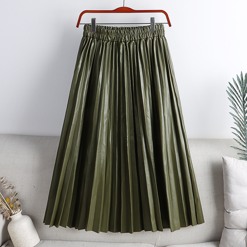 Autumn Winter Women Midi-Calf PU Leather Elastic Waist Pleated Skirts Office Ladies High A-Line Harajuku Skirt DS288 220322