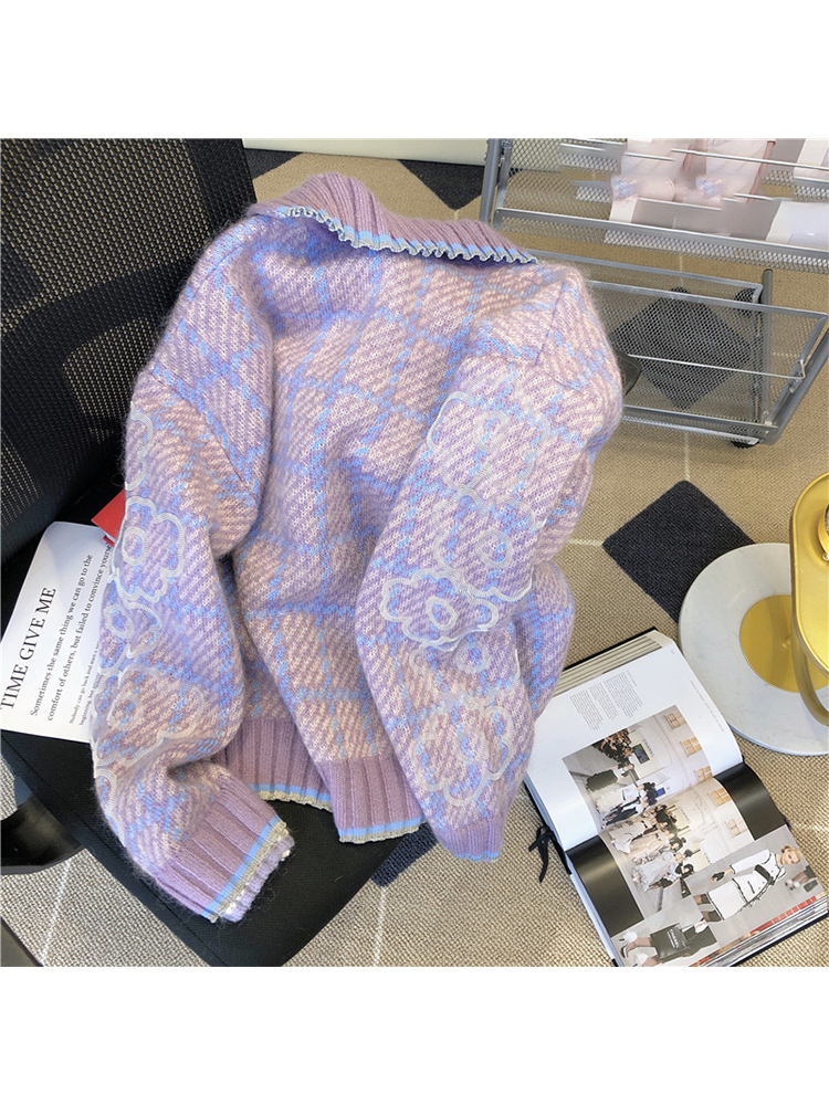 Autumn Winter Women Lapel Vintage Plaid Knitwear Jumper Irregular Clipping Long Sleeve Sweet Female Knitted Pullover Sweater 220817