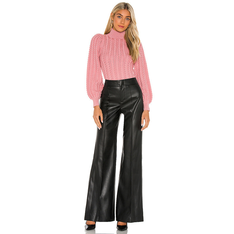 Faux Leather Black Wide Leg Pant Women Spring Loose High Waist Casual Streetwear Fashion PU Lady Mujer Pantalones Trousers 220325