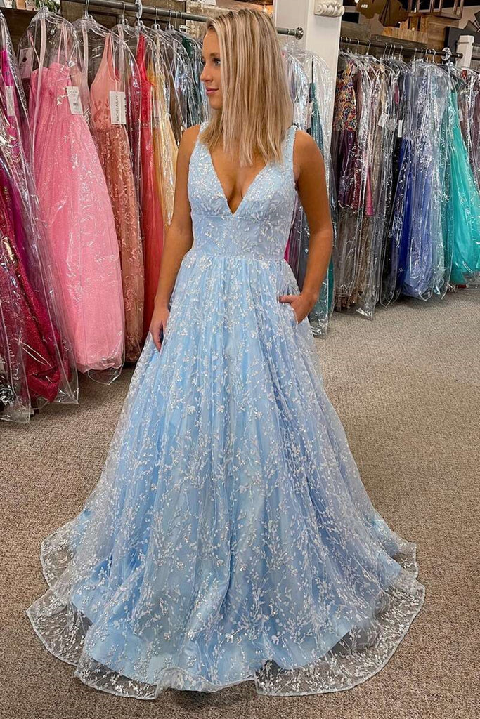 Gorgeous A-line V Neck Light Blue Lace Long Prom Dresses Backless Sweep Train Evening Gowns with Pocket, White
Gorgeous A-line V Neck Light Blue Lace Long Prom Dresses Backless Sweep Train Evening Gowns with Pocket, White