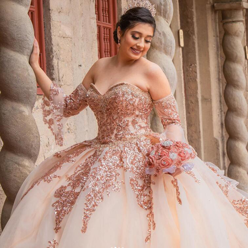 Rose Gold Sequin Quinceanera Dresses 2022 Sweetheart Bead Plus Size Corset Prom Dress Ruffle Ball Gown Luxury Vestido De 15 Anos Sweet 16 Dress Robes 