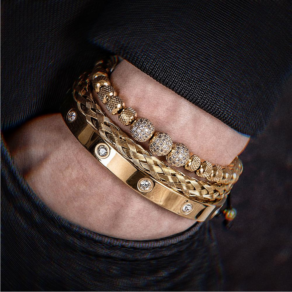 3pcs Luxury Micro Pave CZ Round Beads Royal Charm Men Link Bracelets Stainless Steel Crystals Bangles Couple Handmade Jewelry Gift