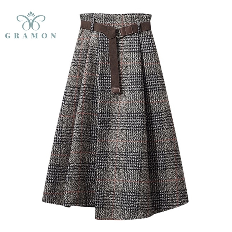 Skirts Women Retro Plaid Fall Winter Midi Skirt A-line High Waist Office Lady Fashion Female Stylish Plus Size Clothes 220317