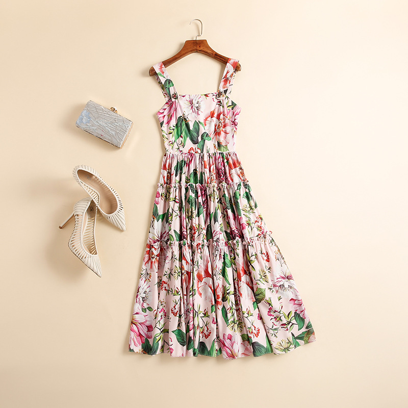 Women's Runway Dresses Spaghetti Straps Floral Printed High Street Tiered Fashion Holiday Dress
