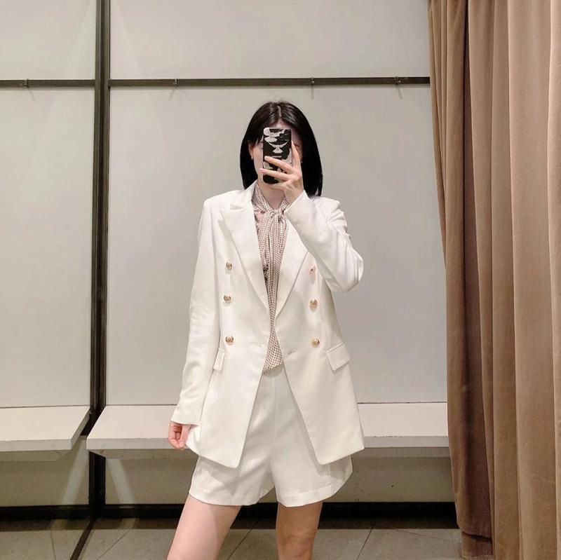 XNWMNZ Women white blazer for women blazer double breasted jackets ladies formal suit jackets back vent hem 220402