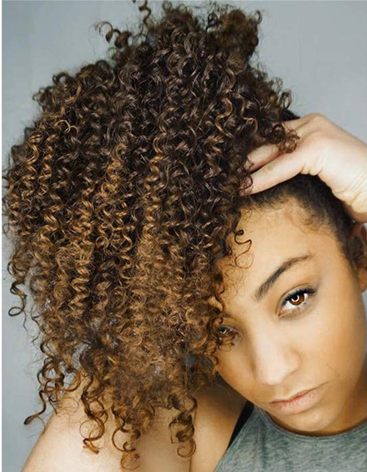 Ombre brown blonde kinky curly puff bun drawstring ponytail extension hairpiece,100 human hair ponytail with drawstring clip in 120g 1pcs fashion styl