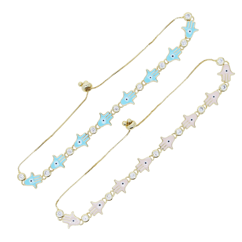 New Arrived Blue Pink Enamel Hamsa Hand Charm Connector Jewelry Gold Color Micro Pave Clear Cz Station Fatima Hand Bracelet